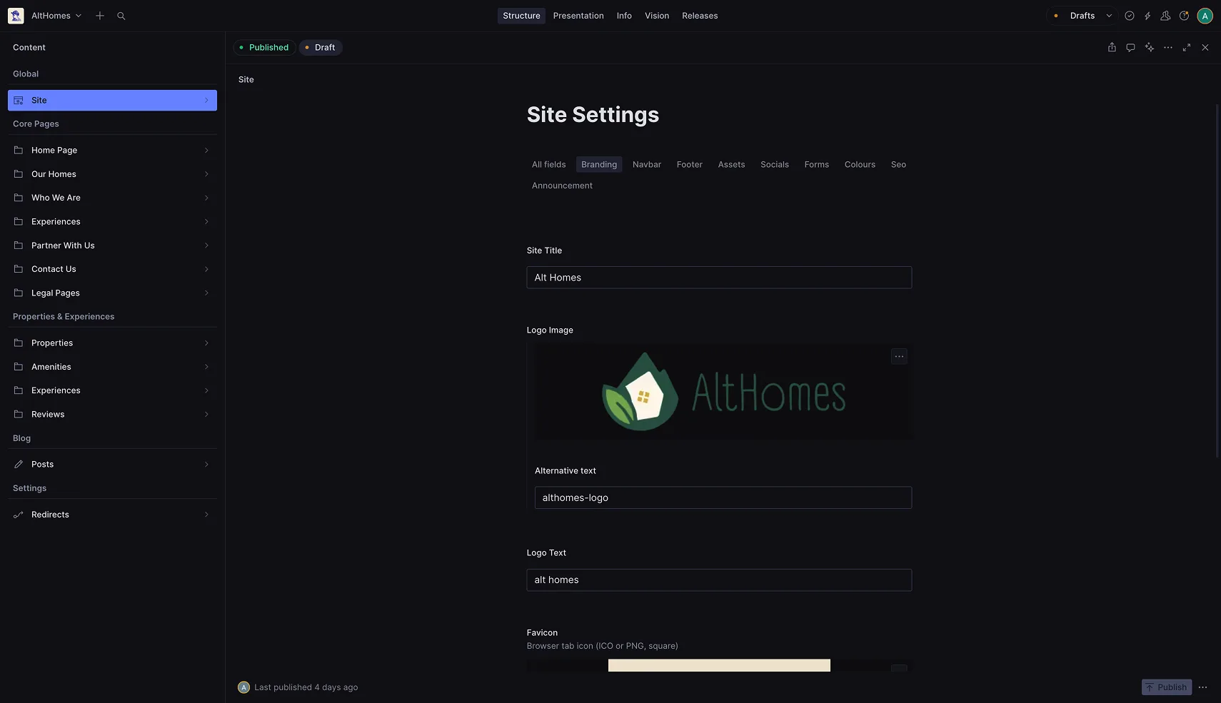 Althomes admin dashboard — content tree on the left, site settings panel with branding, navbar, footer and SEO tabs