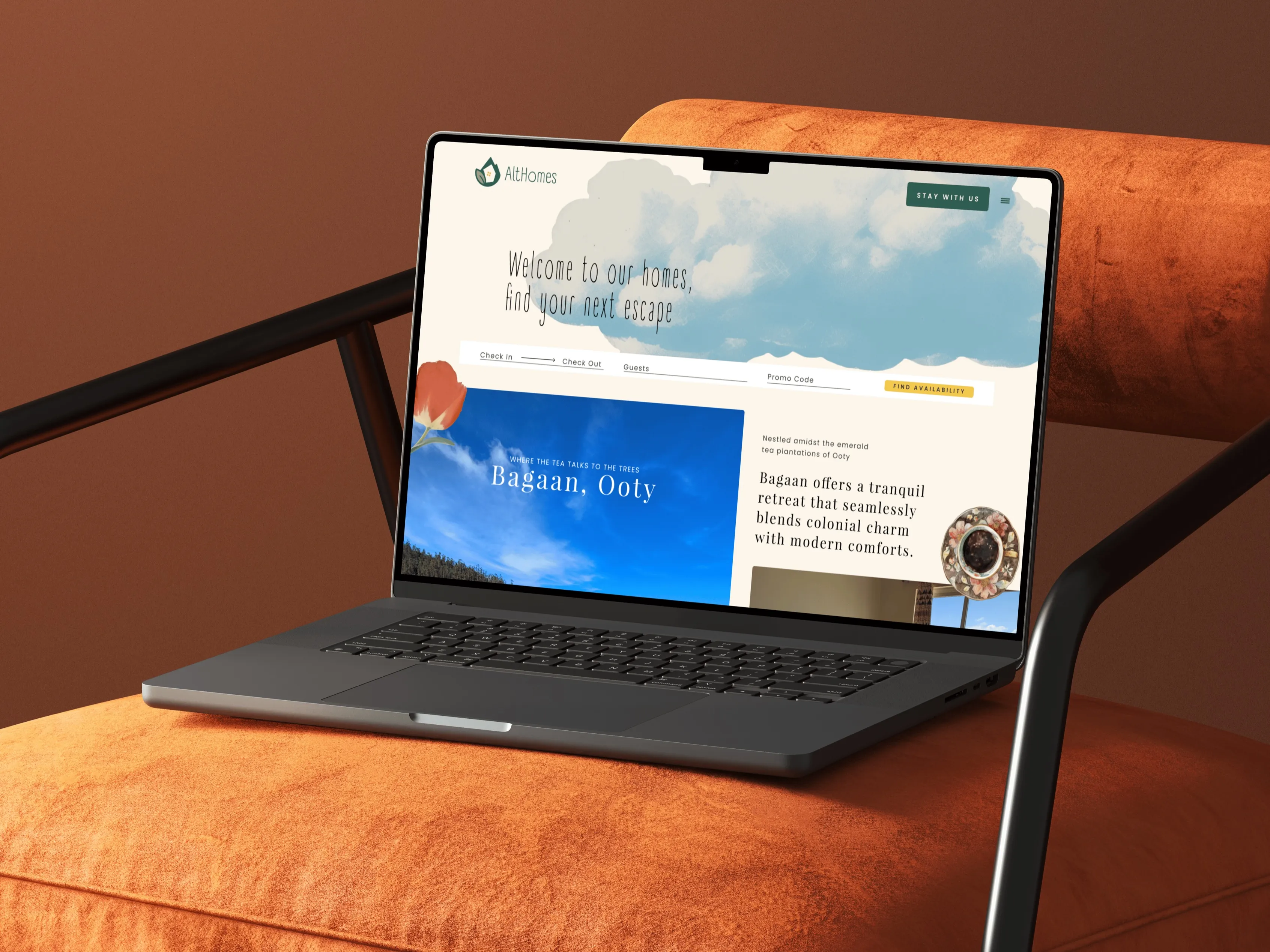Althomes home page — an illustrated mountain-and-meadow collage with live booking navigation